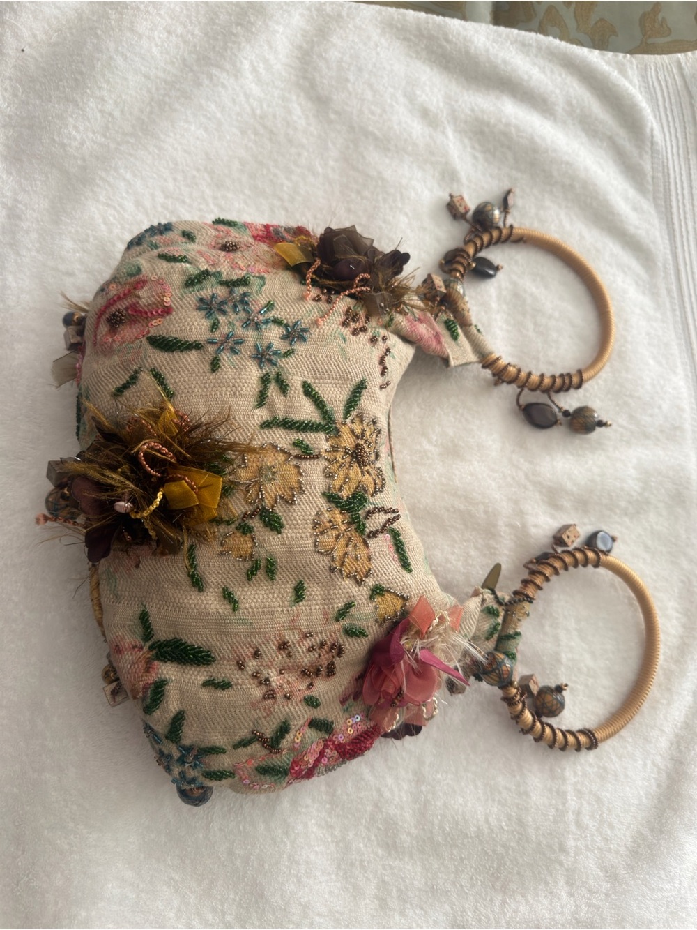Mary Frances Floral Embroidered Beige Handbag with Decorative Ring Handles